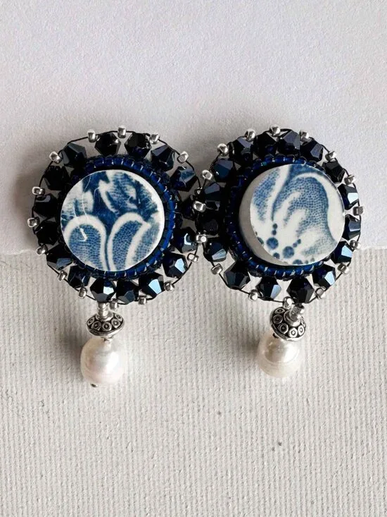 Upcycled Ceramic Pearl Dangle Earrings Blue Statement Studs - Picture 11 of 12